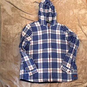 L.L. Bean Women’s Hooded Plaid Jacket - Blue, White & Red Trim XL TALL